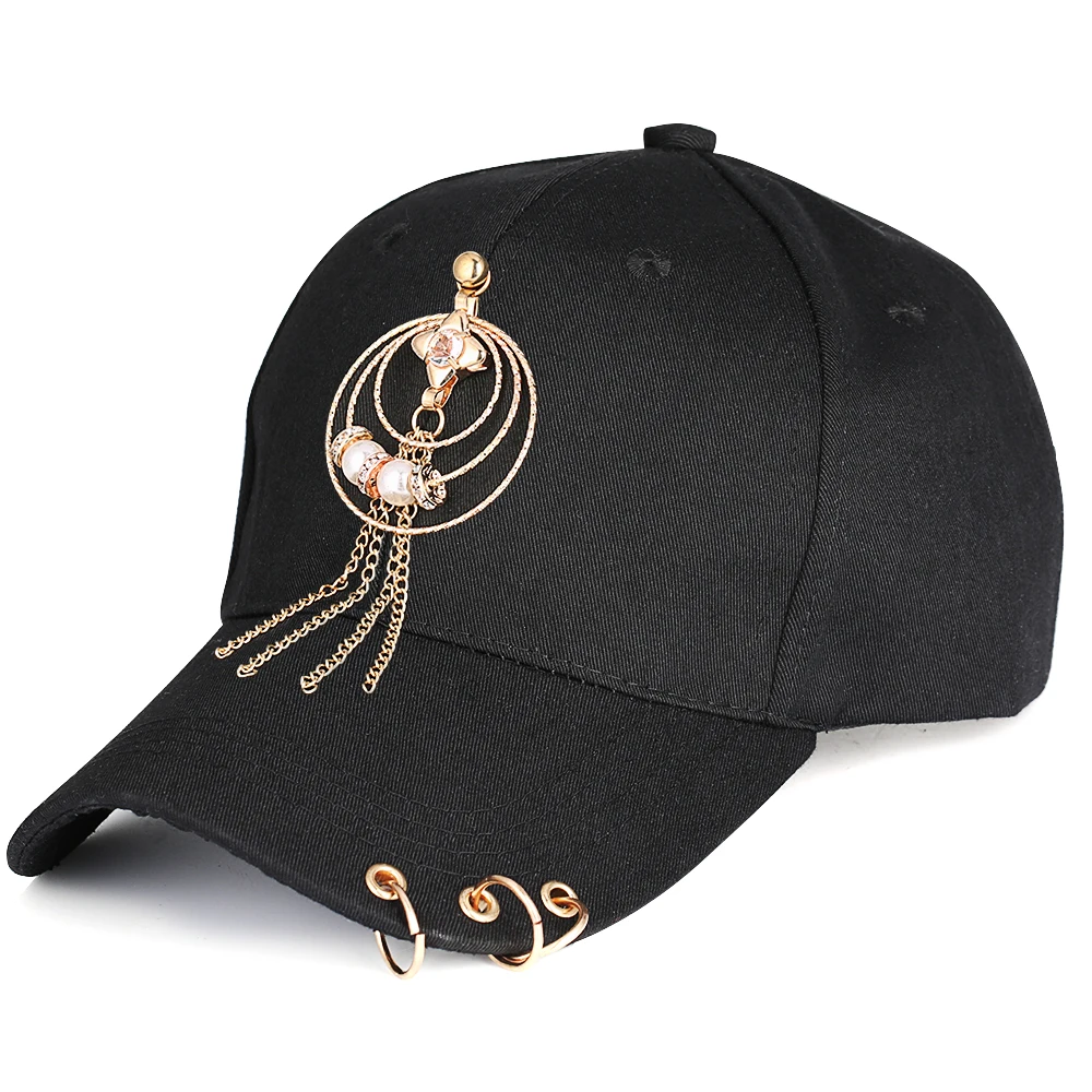 

Cap With Rings Women Hip Hop Baseball Cap Pearl Tassel Cotton Boner Curved Visor Unisex Snapback Summer Trucker Hat Boy Girls