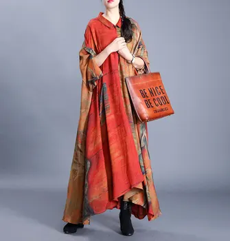 

Fashion Lapel Single Breasted Coat for Women National Style Retro Printing Color Matching Nine Point Sleeve Irregular Long Dress