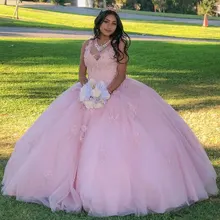 Винтажное кружевное платье с аппликацией, милое 15 бальное платье, фатиновое Пышное Платье с глубоким вырезом, Длинные розовые платья для выпускного, Vestido 15 anos