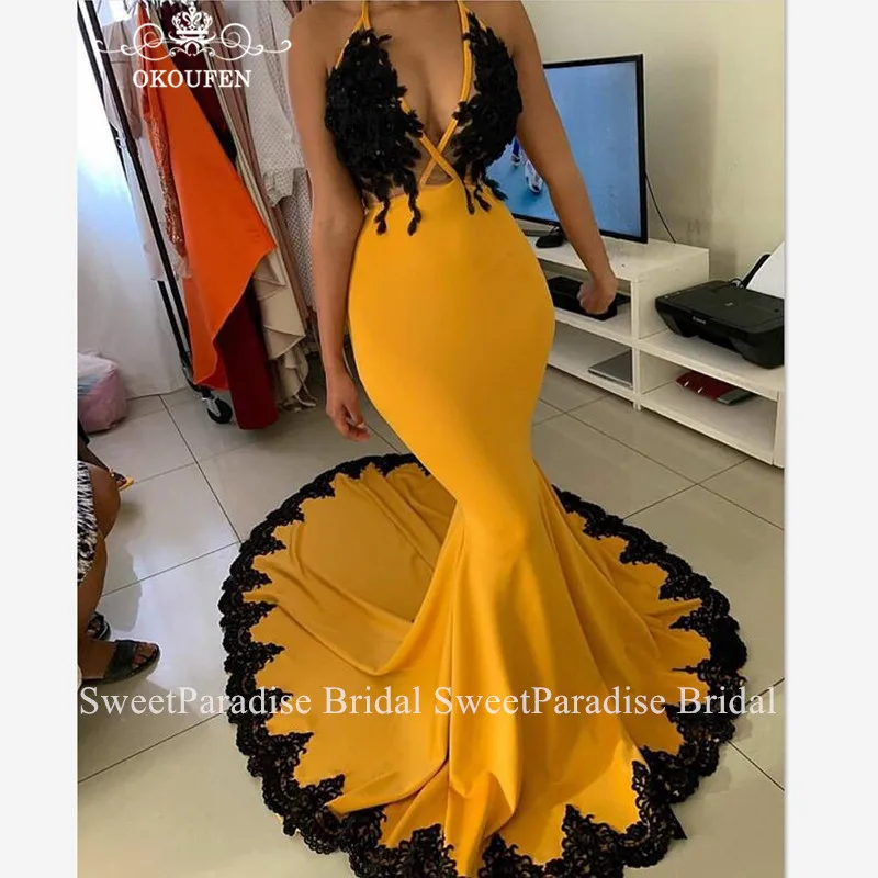 

Gold Yellow Mermaid Evening Dress With Black Appliques Robe De Soiree Sexy Deep V Neck Long Chapel Train Prom Dresses For Women