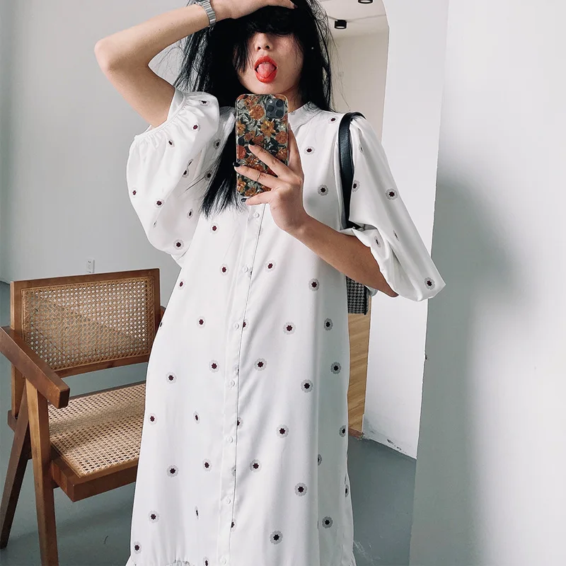 SheMujerSky Women White Shirt Midi Dress 2020 Spring Autumn Little Floral Print Dresses bodycon