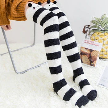 

Winter Warm Coral Fleece Long Thigh High Socks Girls Women Animal Modeling Stockings Striped Cute Knee Socks