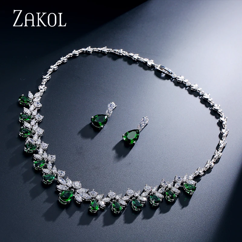 Бренд ZAKOL, сверкающий кубический цирконий, ювелирные наборы, модный цветок, Африка, набор для элегантных женщин, свадебное платье FSSP170 - Окраска металла: Green