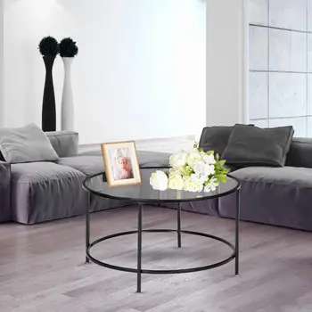 

36" Coffee Table 5 mm Thick Tempered Glass Countertop 2 Layers Round Wrought Iron coffe Tables Basse USA Warehouse Shipping