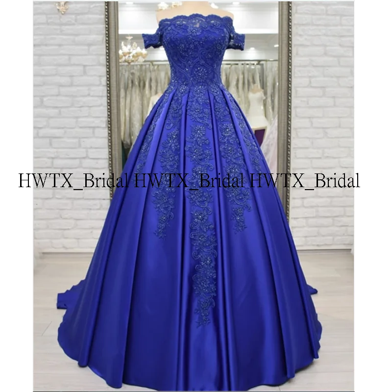 HWTX_Bridal Бальные платья с вырезом лодочкой, Королевский синий цвет, с открытыми плечами, с аппликацией из бисера, атласное бургундское бальное платье, милое 16 платье для выпускного вечера