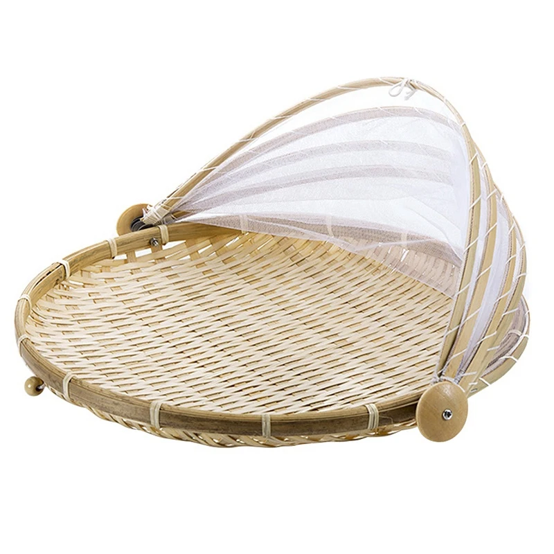 Youngy Handmade Bamboo Woven Bug Proof Wicker Basket Dustproof Picnic Fruit Tray Bread C 