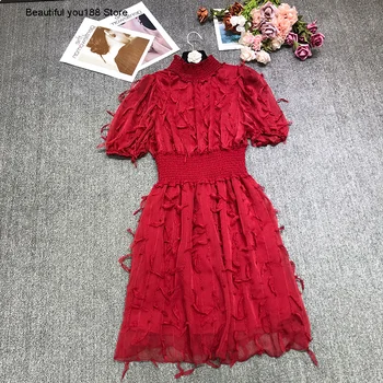 

tassel 2020 style Summer Korean high waist red dress popular high collar dress