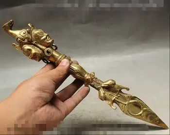 

14" Tibetan Buddhism Brass 3 Mahakala Buddha Head Phurba Dagger Holder Statue