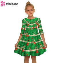 Новое рождественское платье с длинными рукавами для девочек; детское платье с 3d принтом рождественской елки для девочек; Рождественская одежда; костюм принцессы