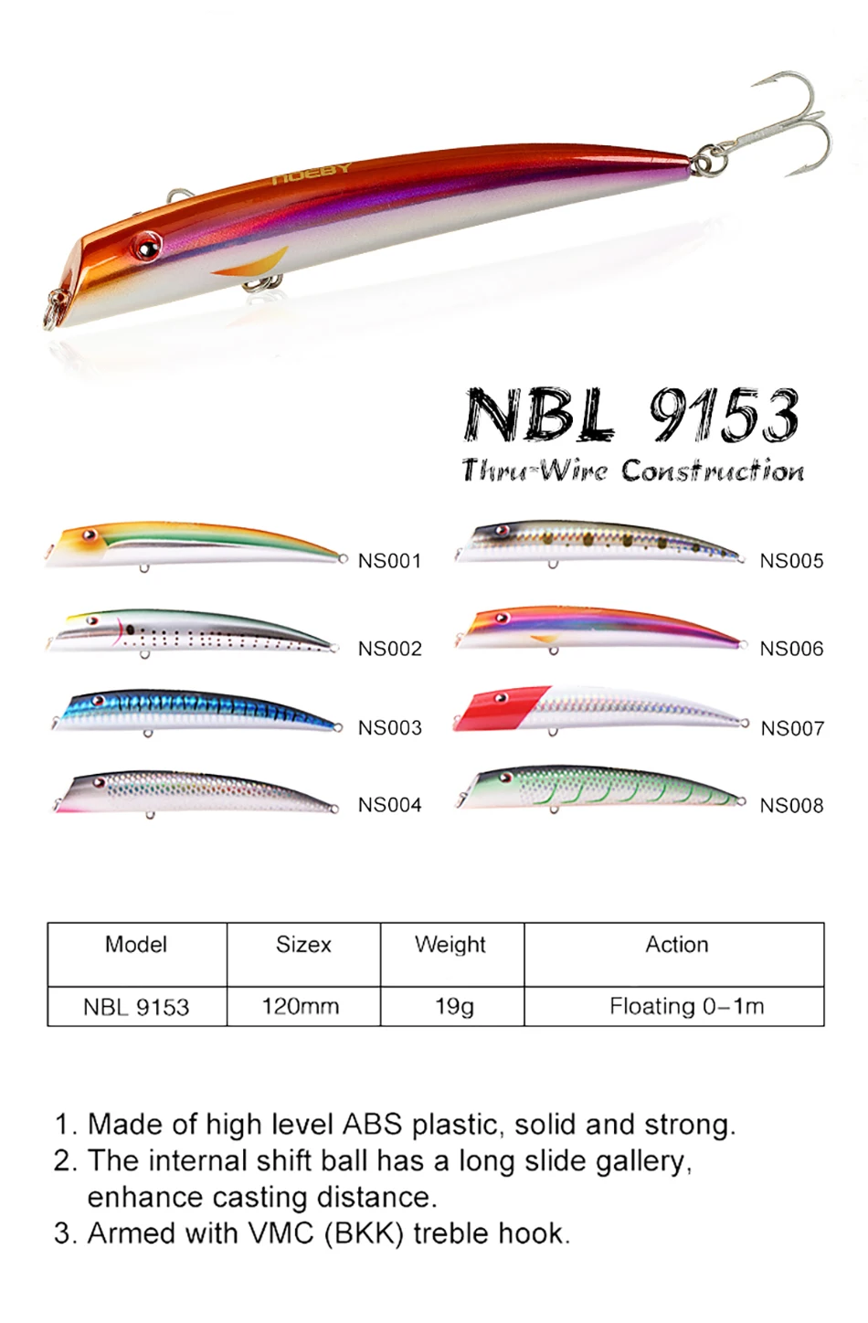 NOEBY 12cm Lipless Minnow Fishing Lure Lifelike Wobbler Hard Bait VMC Hooks19g Saltwater Swimbait Fishing Tackle NBL9153 seabass