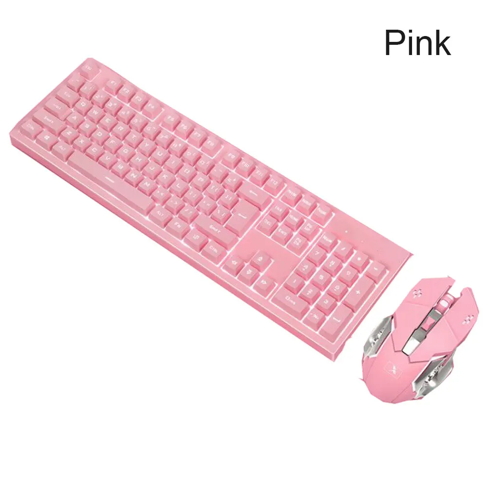 Rechargeable Wireless Keyboard Mouse Set Mechanical Hand Feeling Multimedia Combination Esports Gaming Keyboard Gaming Mouse - Color: Pink