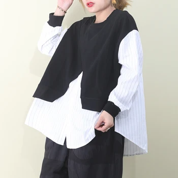

[EWQ] 2020 Spring Summer New Pattern Round Collar Long Sleeve Fake Two Piece Streiped Vintage Shirt Women AK76401XL