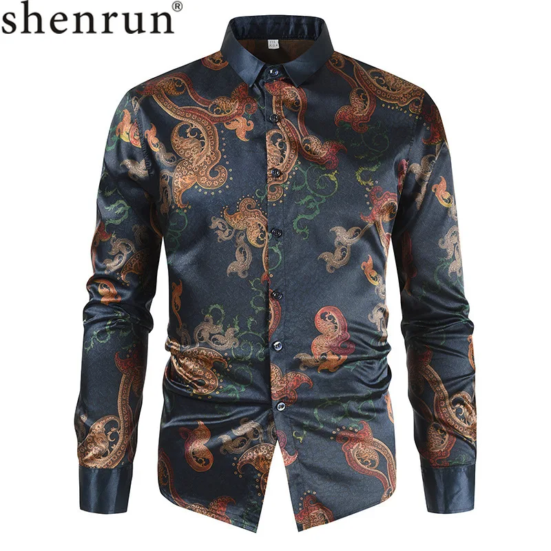 Shenrun New Men Casual Shirts Long Sleeve Fashion Floral 3D Print Formal Shirt Daily Work Business Office Work Stage Dress Prom