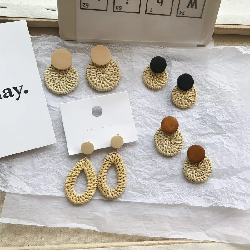 

ZG Korea Bohemia Handmade Geometric Drop Earrings For Women Boho Rattan Straw Weave Knit Vine Earring Vacation Party Jewelry