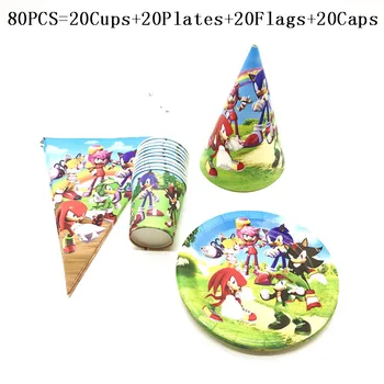 

40pcs/80pcs Cartoon Sonic The Hedgehog Theme Birthday Party Supplies Paper Cup Plate Hat/Cap Banner For Kid Party Decor Supplies