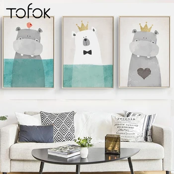 

Tofok Lovely Cartoon Animal Art Canvas Painting White Bear Hippo Print Poster Home Nursery Wall Picture Children Room Decoration