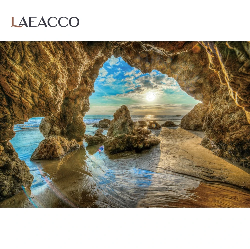 

Laeacco летняя тропическая горная пещера морской закат естественная живописная фотография фон, фото-декорации фотосессия Фотостудия
