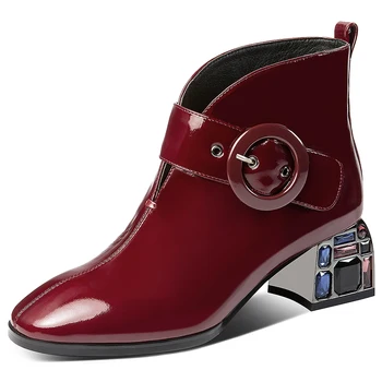 

Solid Rhinestone High Heels Dancing Party Shoes Woman Winter New Genuine Leather Fashion Short Boots Women Ankle Boots