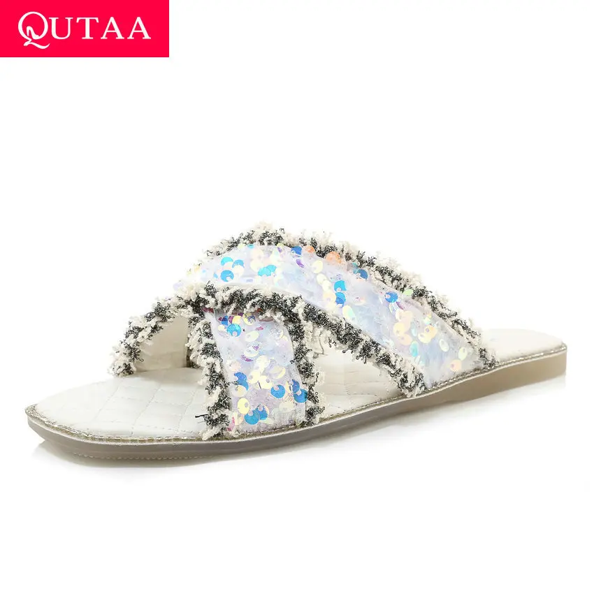 

QUTAA 2020 Sequins PU Leather Comfort Ladies Flats Summer Slip on Women Shoes Open-toed Slingback Female Sandals Big Size 34-43