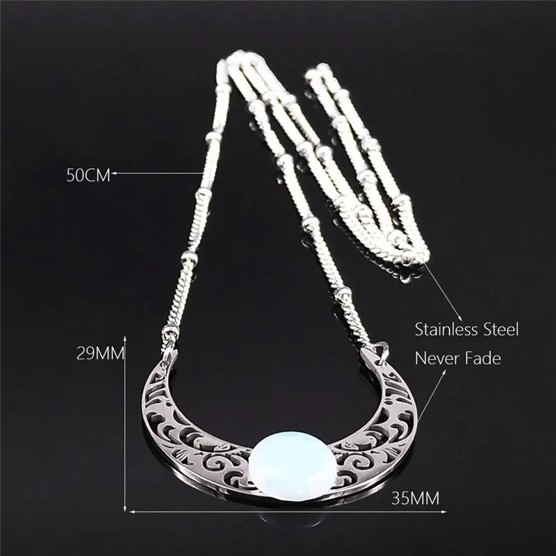 2020 Moon Moonstone Stainless Steel Chain Necklace Women Silver Color Pendants Necklaces Boho Jewelry bijoux femme N1129S04