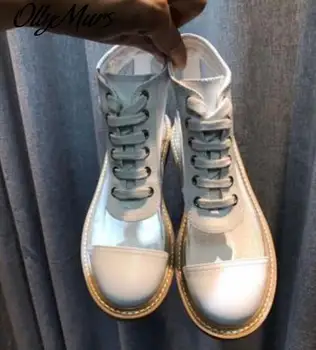 

Clear PVC Patchwork Flats Mid-Calf Lace Up Martin boots Round Toe women Boots Brand Designer shoes Woman