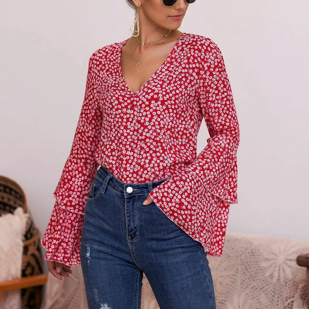 

Feitong Autumn Womens Flower Print V Neck Bell Sleeve Tops Ladies Casual Loose Blouse Top fashion clothing