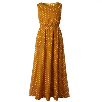 

Holiday Beach Summer Women Boho Sleeveless Polka Dot Back Button Maxi Dress
