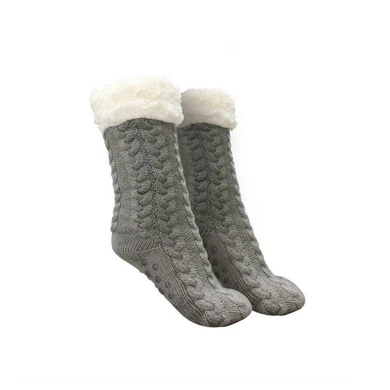 Зимние женские теплые удобные нескользящие носки-тапочки на флисовой подкладке - Цвет: Серый