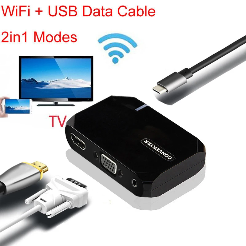 Беспроводной Wifi USB кабель для передачи данных 2в1 VGA HDMI адаптер Дисплей Airplay телефон к телевизору HD tv для iPhone XR Xiaomi huawei P30 iOS Android