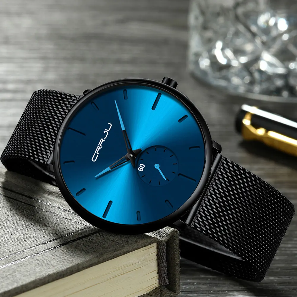 Прямая поставка CRRJU Новые простые дизайнерские водонепроницаемые мужские часы из нержавеющей стали с сеткой лучший бренд класса люкс кварцевые мужские часы