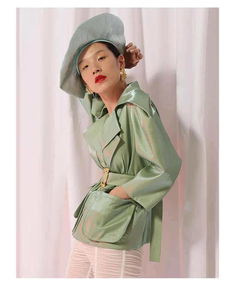 [EAM] новая весенняя Свободная Женская куртка с отворотом, большим плечом, длинным рукавом, зеленым поясом и карманами JH582
