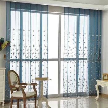 

Blue butterfly embroidered relief curtain, window screen, finished float window, balcony taste textile curtain cloth