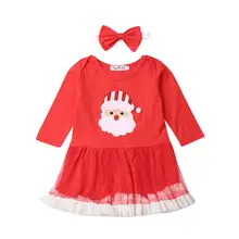 Рождественское платье для маленьких девочек, детский наряд Санта-Клаус, платье-пачка для первого Рождества, красная сетчатая одежда с длинными рукавами, повязка на голову, 2 предмета