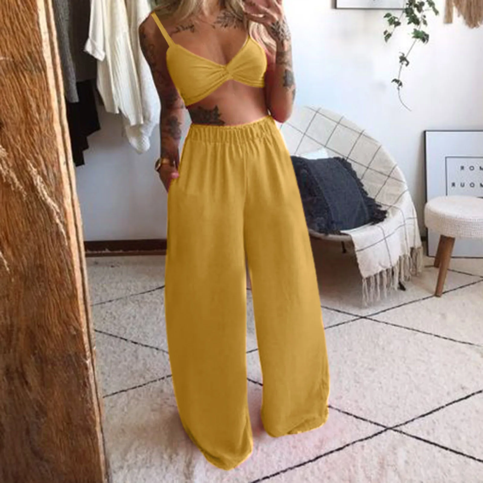 vetement femme 2021 Women's suit спортивный костюм женск Fashion Women Casual Solid Sleeveless Camis Tops+Long Pants 2 Piece Set 2