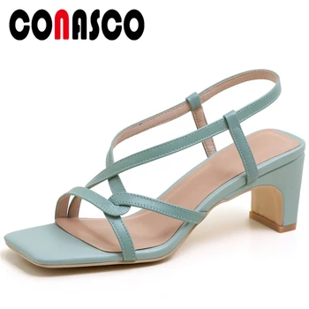 

CONASCO Summer New Fashion Sexy Cross-Tied Genuine Leather Women Sandals Pumps High Heels Wedding Night Club Casual Shoes Woman
