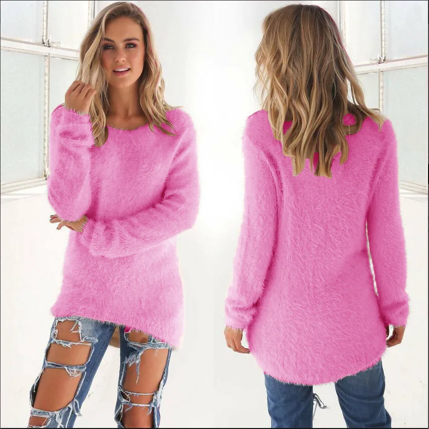 Плюс размер длинный рукав О образным вырезом плюшевый свитер для женщин асимметричный подол уличная Осень Зима Свободные повседневные теплые пуловеры женские топы - Цвет: 2129-Rose Red