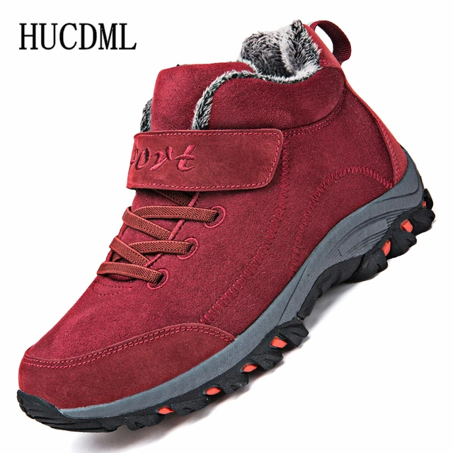 Waterproof Winter Men Boots Cow Suede Warm Snow Women Boots Men Work Casual Shoes High Top High-top Non-slip Ankle Boots Red