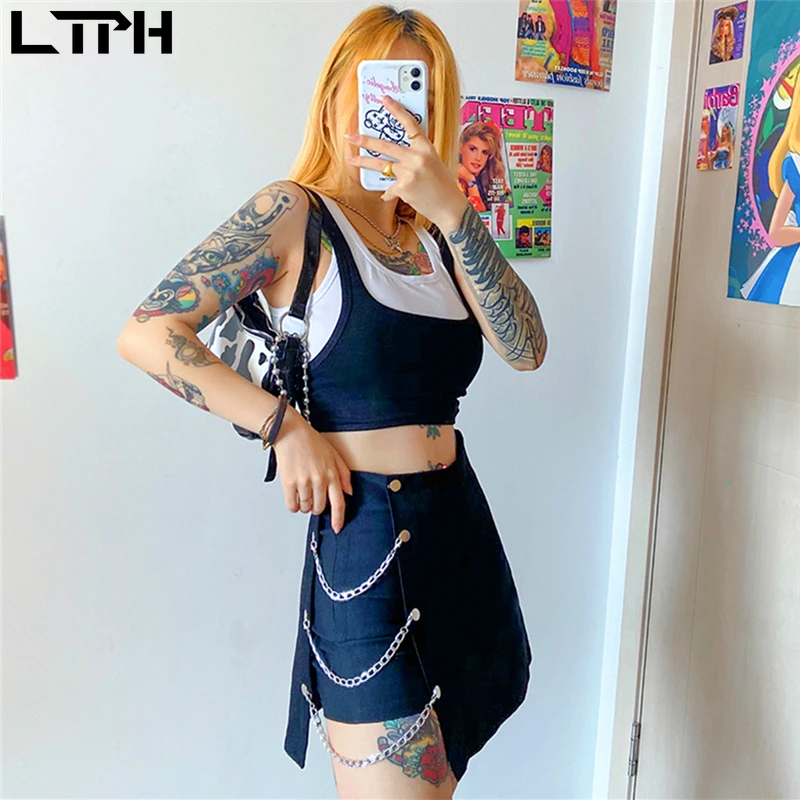 

2020 Autumn new arrival street Casual trend Chain design woman skirts England style vintage Solid color irregular Splicing skirt