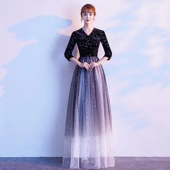 

V-neck Lady Qipao Gradient Color Evening Party Dress Exquisite Mesh Dresses Sequins Novelty Sexy Cheongsam Vestidos De Festa