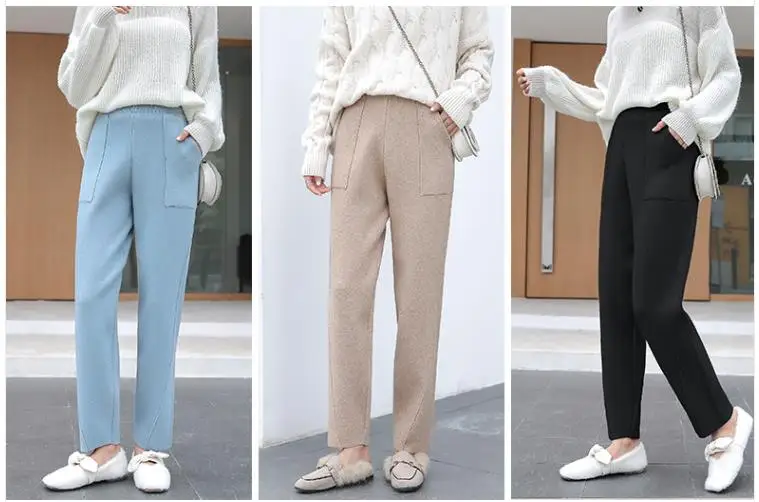 Новинка осень зима женские штаны Вязанные шерстяные с высокой талией Элегантные корейские Стильные повседневные штаны бананы