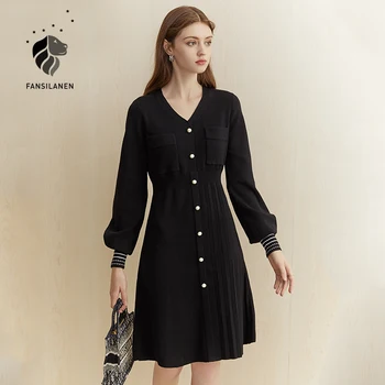 

FANSILANEN Vintage black pleated knitted sweater dress Women v neck slim elegant office dress Autumn winter female long dress