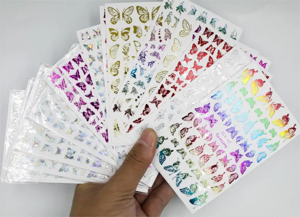 5 color rainbow New Laser Butterfly Nail Sticker Silver Adhensive Slider Decoration DIY Nail Art Stickers 1 sheet 5d white lace engraved embosse design nail stickers gradient abstract nail design slider decor diy nail art decoration