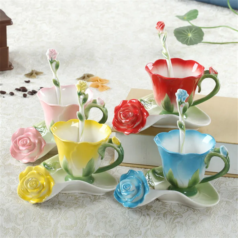 Creative Fashion 3D Rose Shape Flower Enamel Ceramic Coffee Tea Cup and Saucer Spoon Set Porcelain Water Valentine Day Gift | Дом и сад
