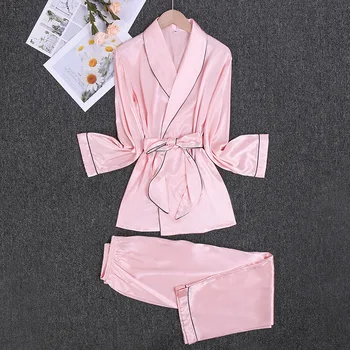 

Pajamas Women Spring And Summer Silk Thin Section Loose Short Robe Lapel Top Trousers Two-Piece Suit Home Service Pijama Mujer