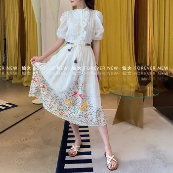 

Holiday Skirt Women Summer 2020 New Flowers Printing Waist Elastic Belt Midi White A-Line Skirts Fashion