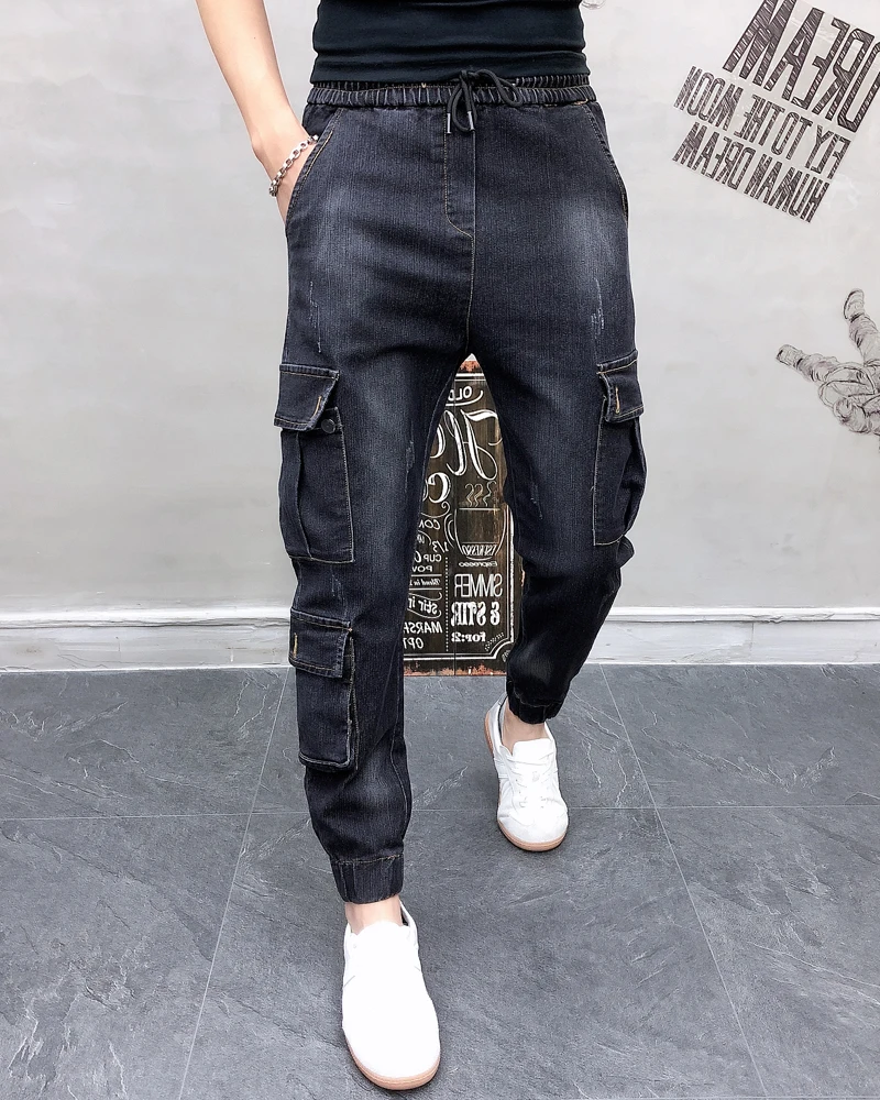 Высококачественные джинсы для бега, мужские модные Универсальные джинсы, мужские облегающие уличные повседневные брюки карго, мужские брюки серого цвета 36-28