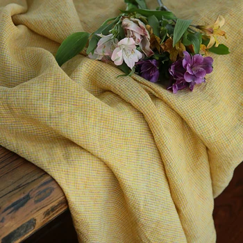 

High quality flax fabric Yellow checker patchwork Fashion Gown Dress quilting fabric