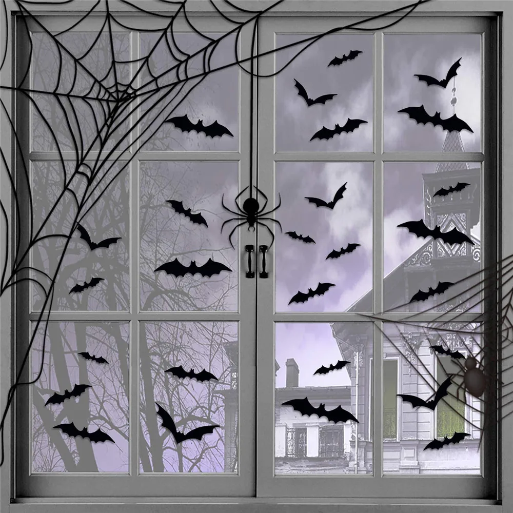 24/48pcs Halloween Decoration 3D Black PVC Bat Halloween Party DIY Decor Bar Room Halloween Party Scary Decos Props Wall Sticker