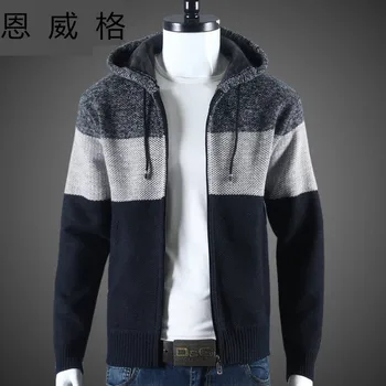 

2019 men with velvet thickening zipper leisure loose warm hooded sweater sweater stripes on the new winter