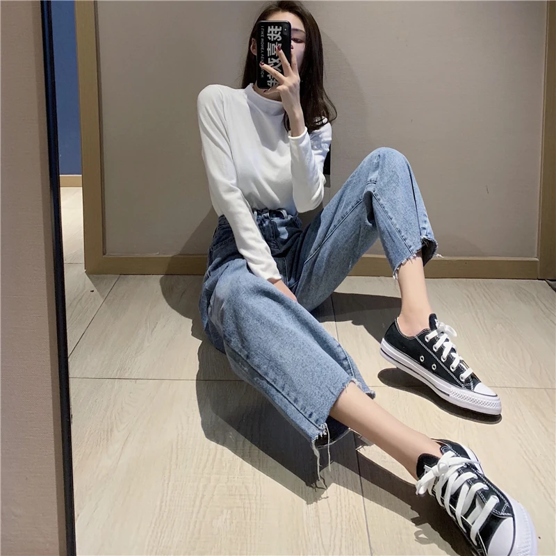 

Women High Waist Mom Jeans Denim Wide Leg Jeans Blue Loose Trousers Full Length Boyfriend Jeans Mujer Pants